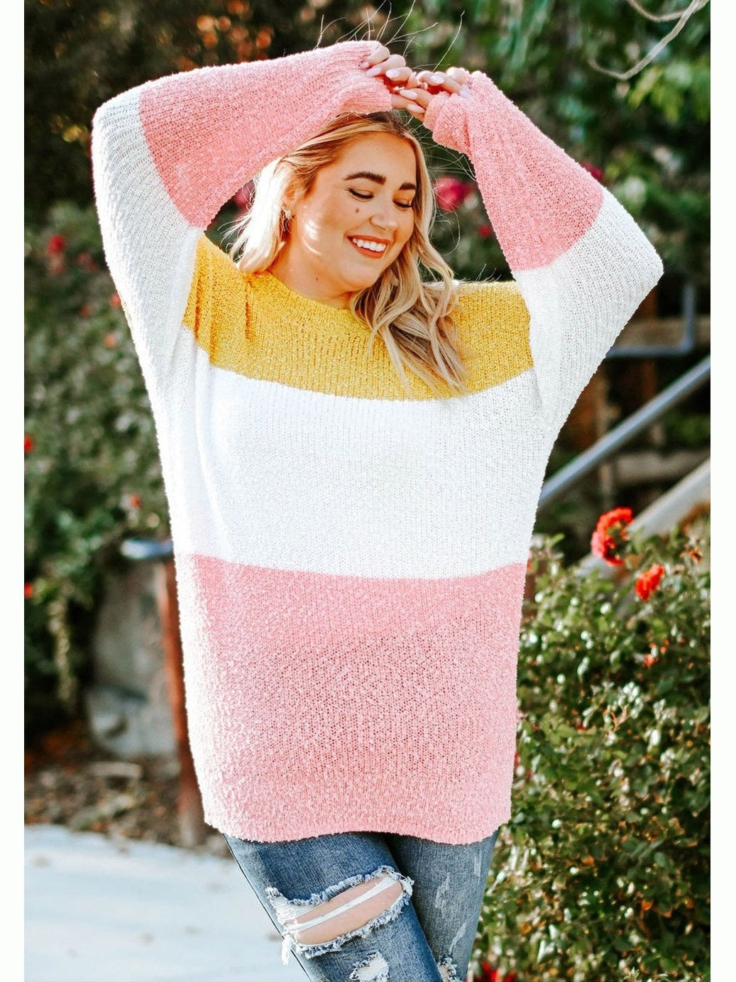 NicholesGifts Plus Size Women Color Block Round Neck Sweater