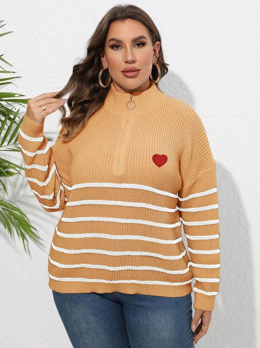 Plus Size Women Zip-Up Striped Sweater