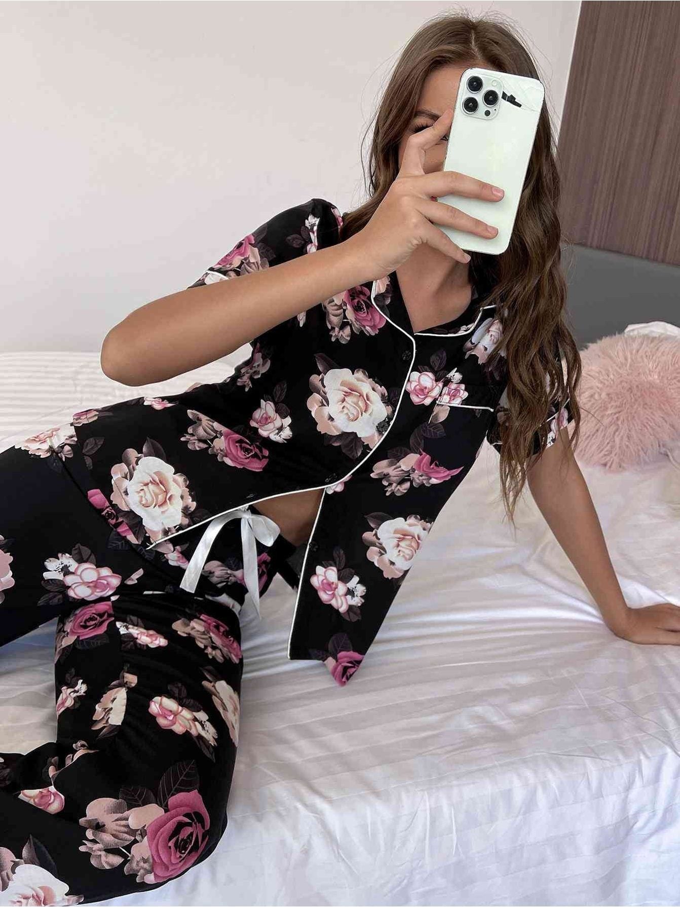 Floral Short Sleeve Shirt and Pants Lounge Set NicholesGifts