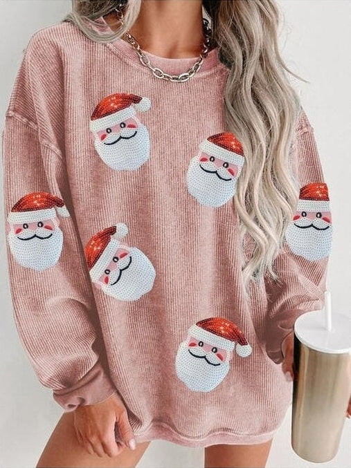 Women Sequin Santa Patch Ribbed Christmas Sweatshirt