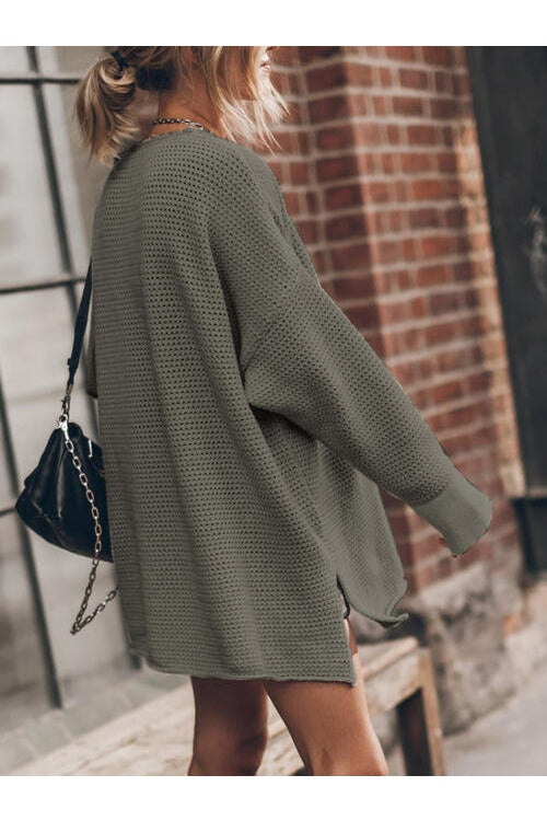 Women Openwork Round Neck Long Sleeve Slit Sweater