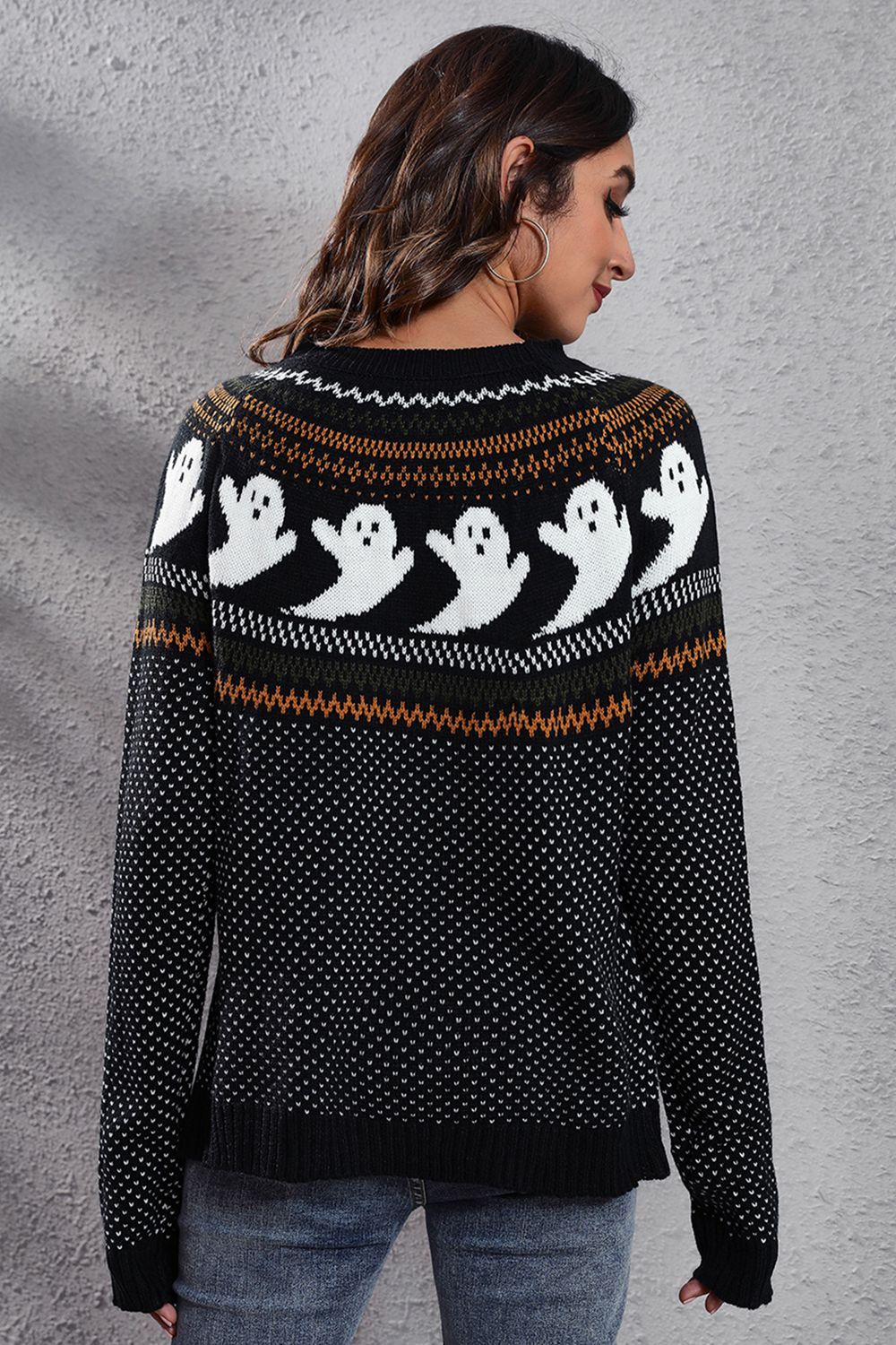 Women Halloween Ghost Pattern Round Neck Long Sleeve Sweater NicholesGifts