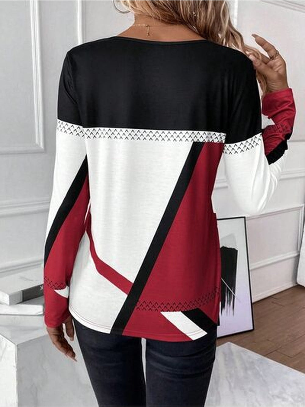 Women Contrast Round Neck Long Sleeve T-Shirt NicholesGifts