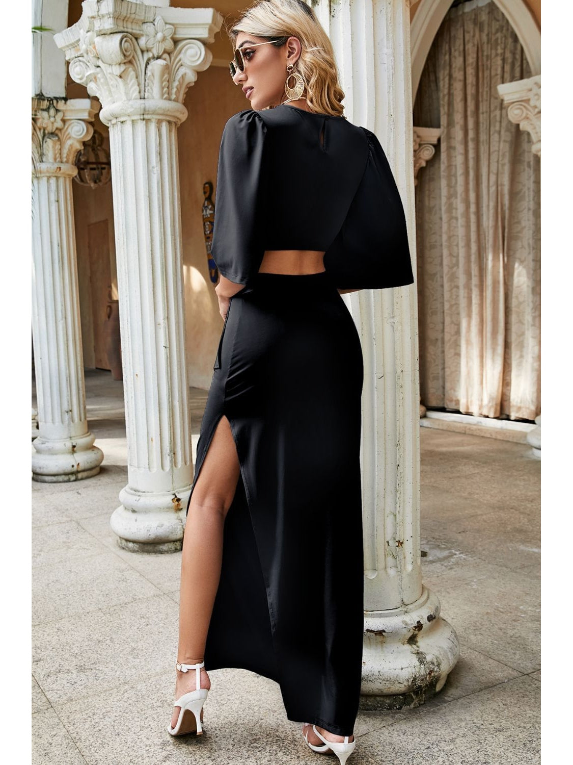 Women Cutout Split Puff Sleeve Maxi Dress NicholesGifts