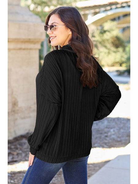 Women Basic Full Size Ribbed Exposed Seam Mock Neck Knit Top NicholesGifts