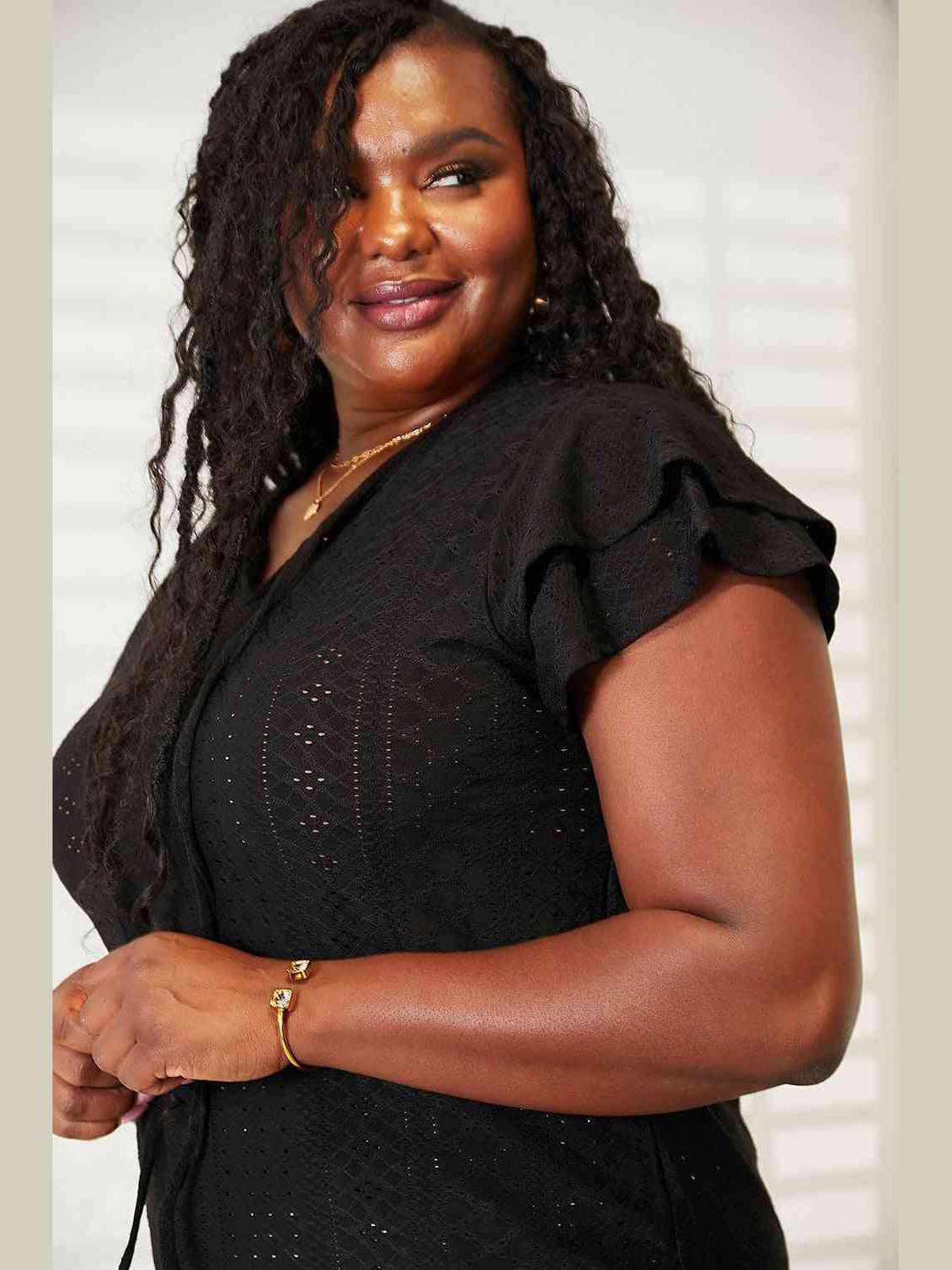 Women Double Take Eyelet Tie-Neck Flutter Sleeve Blouse