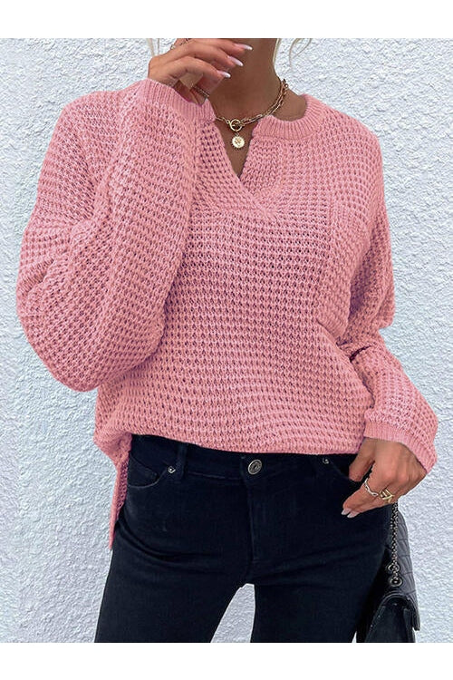 Women Notched Long Sleeve Sweater NicholesGifts