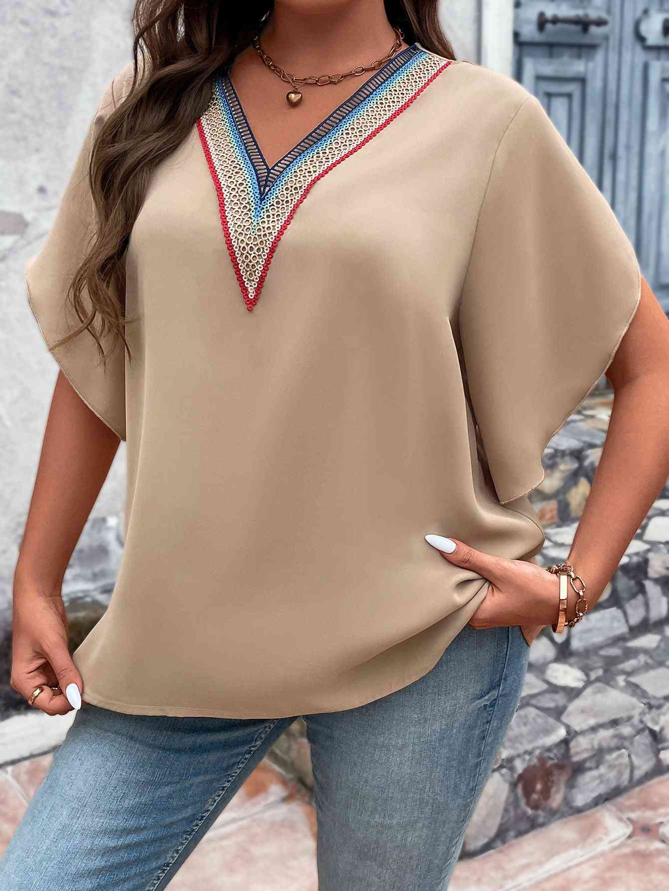 Plus Size Women Tan Colored V-Neck Flutter Sleeve Blouse NicholesGifts