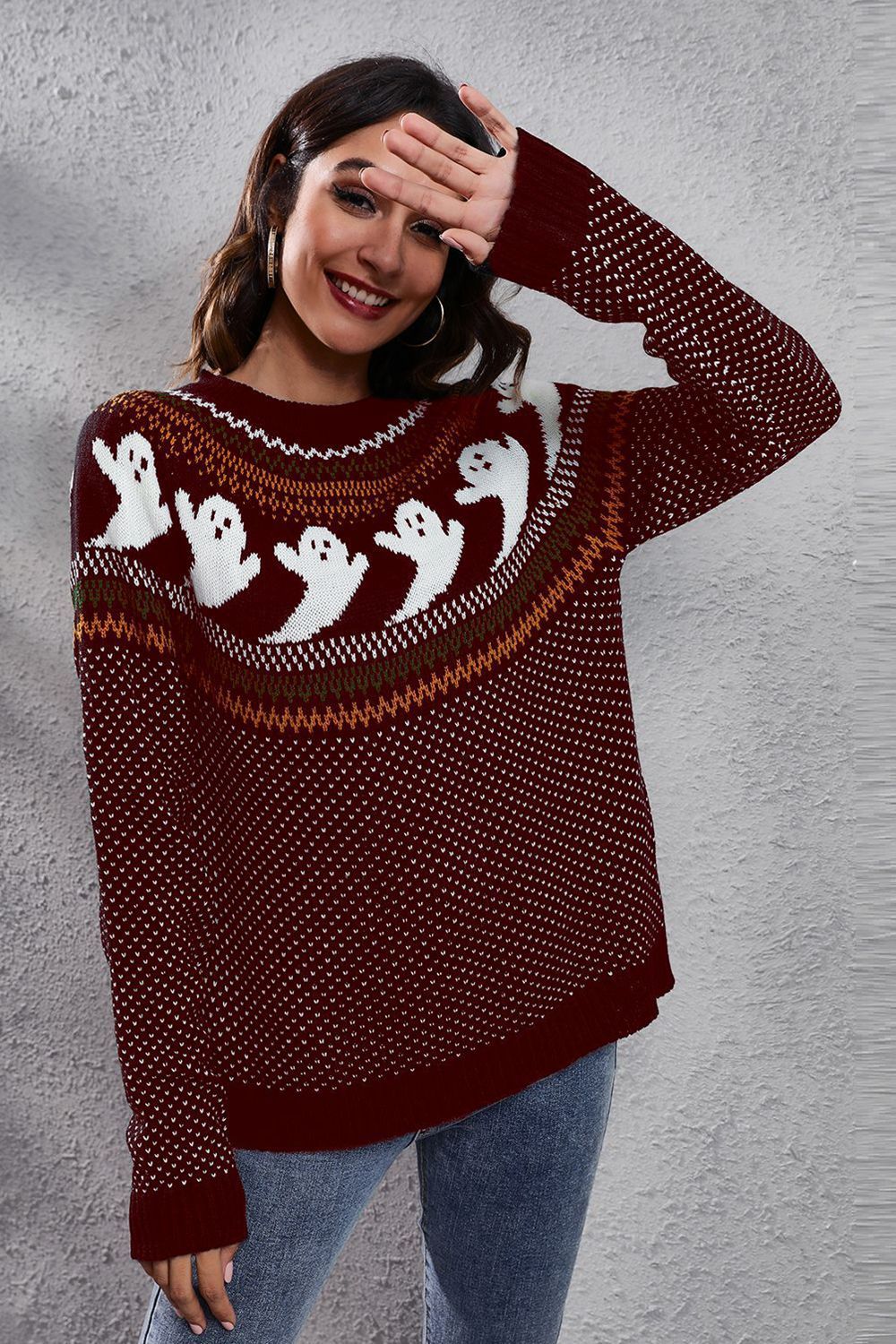 Women Halloween Ghost Pattern Round Neck Long Sleeve Sweater NicholesGifts