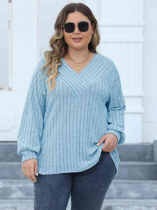 Plus Size Women Ribbed V-Neck Long Sleeve Top