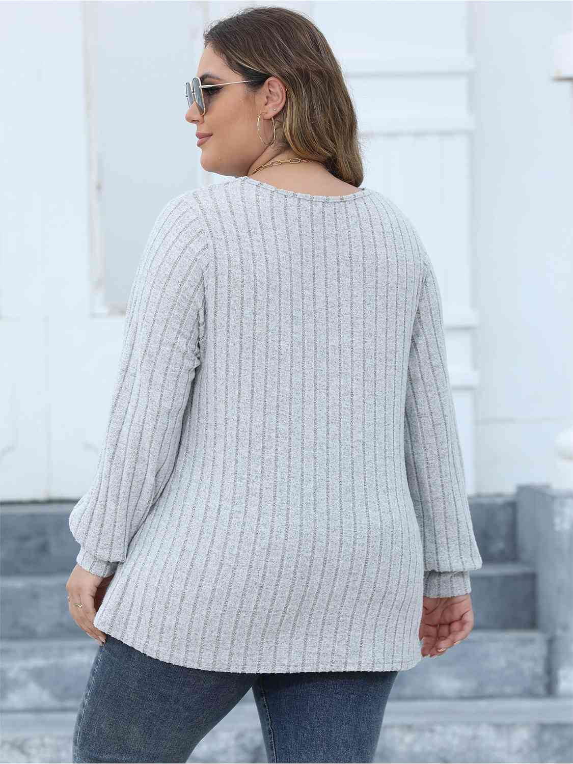 Plus Size Women Ribbed V-Neck Long Sleeve Top nicholesgifts