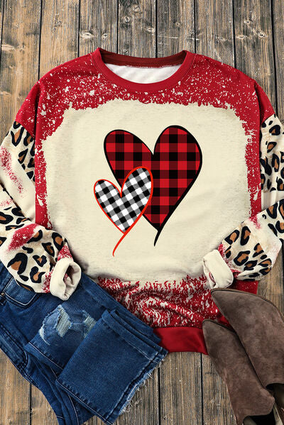 Women Heart Leopard Round Neck Valentine's Day Sweatshirt