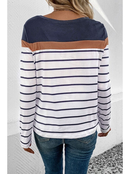 Women Striped Round Neck Long Sleeve T-Shirt NicholesGifts