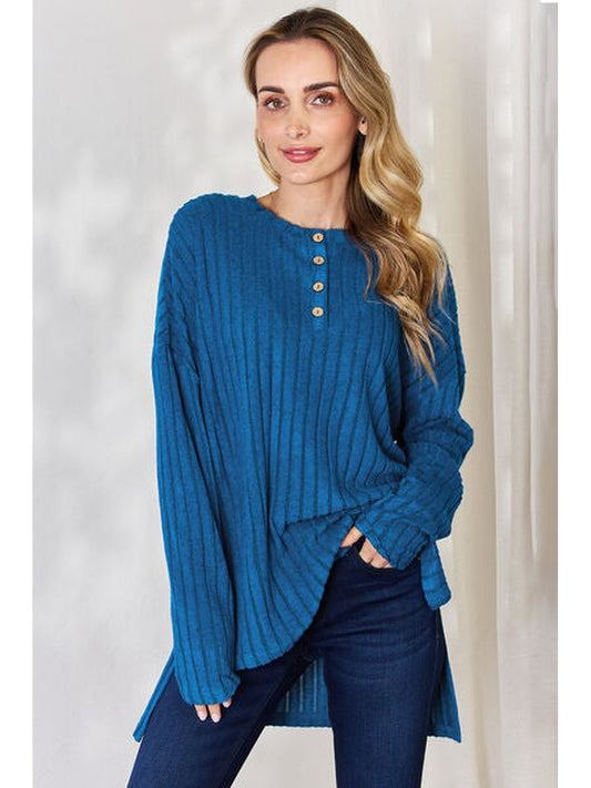 Women Basic Full Size Ribbed Half Button Long Sleeve High-Low T-Shirt NicholesGifts