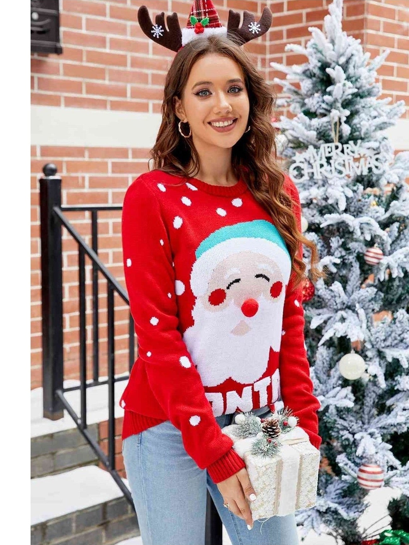 Women Santa Baby Graphic Long Sleeve Christmas Sweater