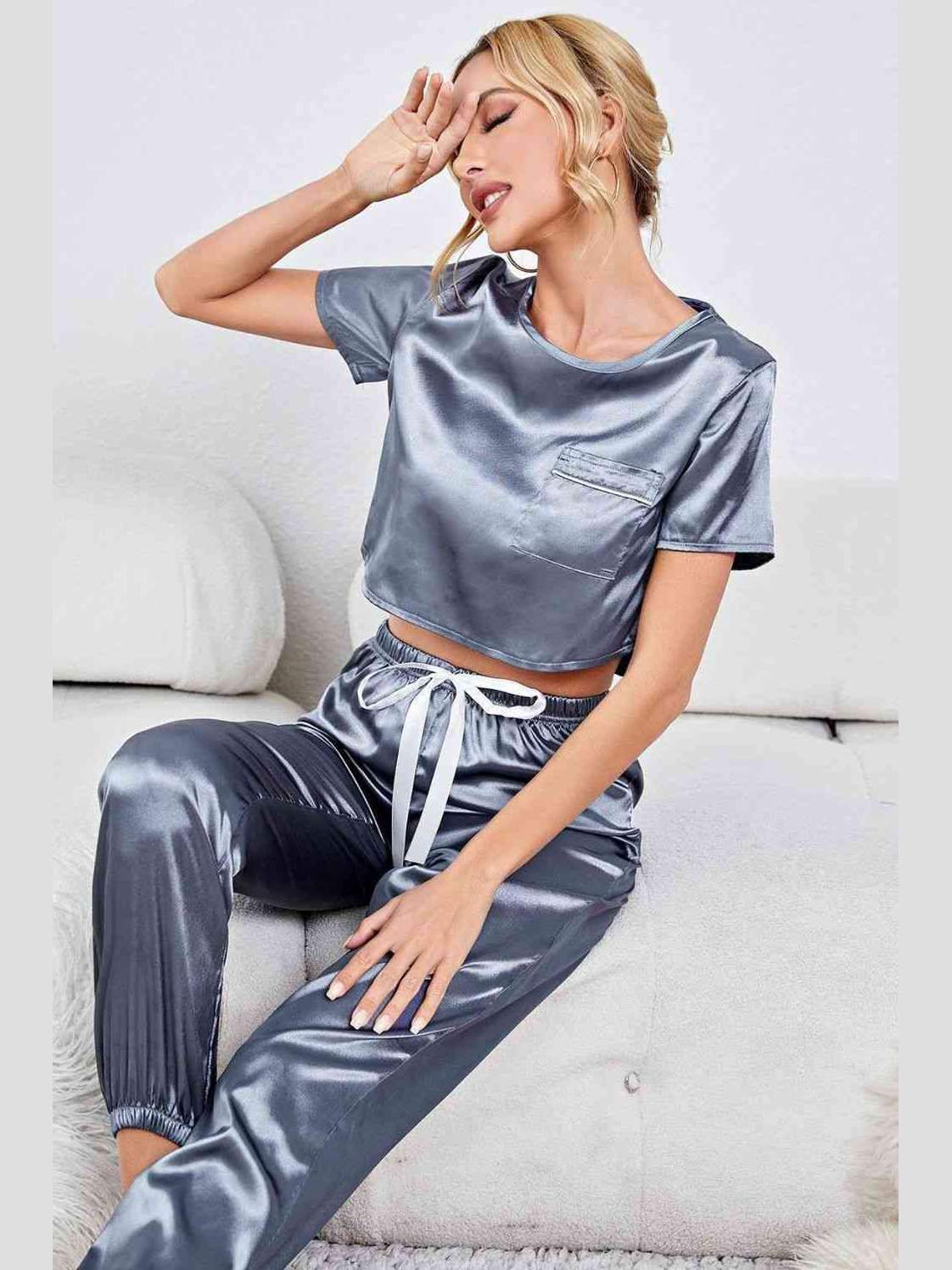 Women Satin Short Sleeve Crop Top and Joggers Lounge Set