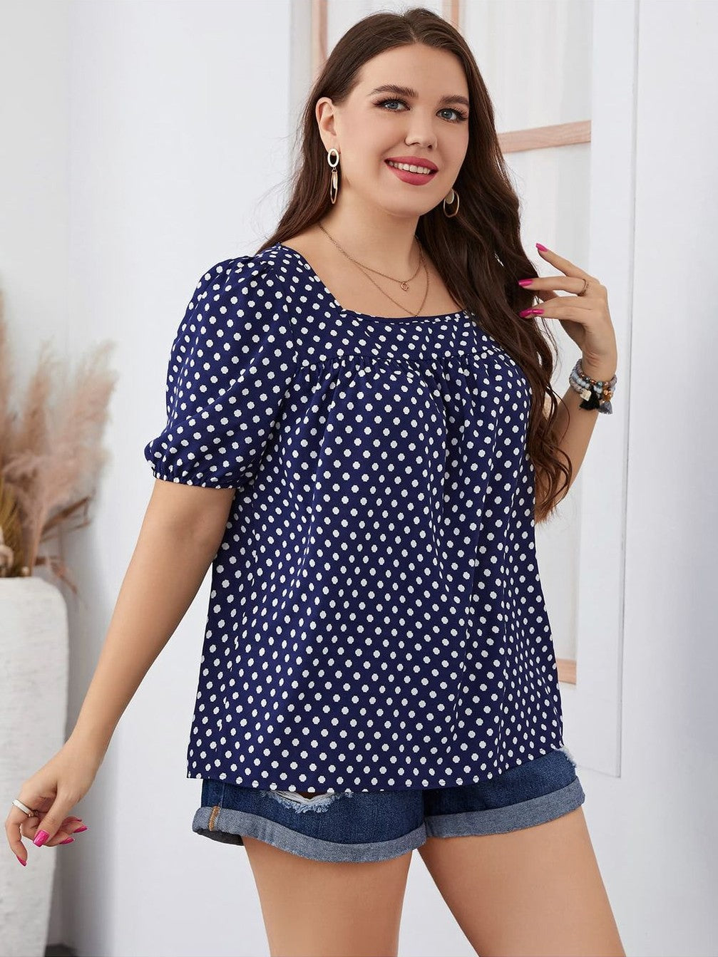 Plus Size Women Navy Colored Polka Dot Square Neck Short Sleeve Blouse