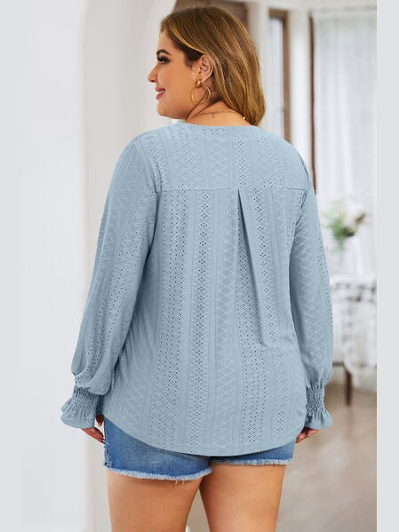 Plus Size Women Eyelet Notched Flounce Sleeve Blouse nicholesgifts