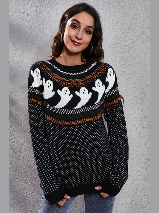 Women Halloween Ghost Pattern Round Neck Long Sleeve Sweater