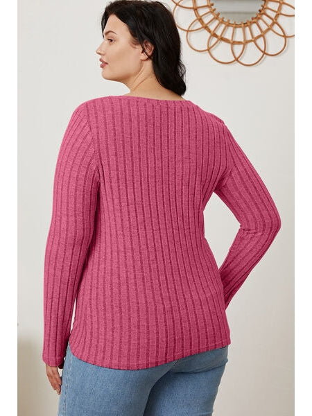 Women Basic Full Size Ribbed V-Neck Long Sleeve T-Shirt