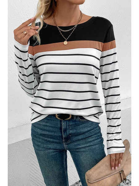 Women Striped Round Neck Long Sleeve T-Shirt NicholesGifts