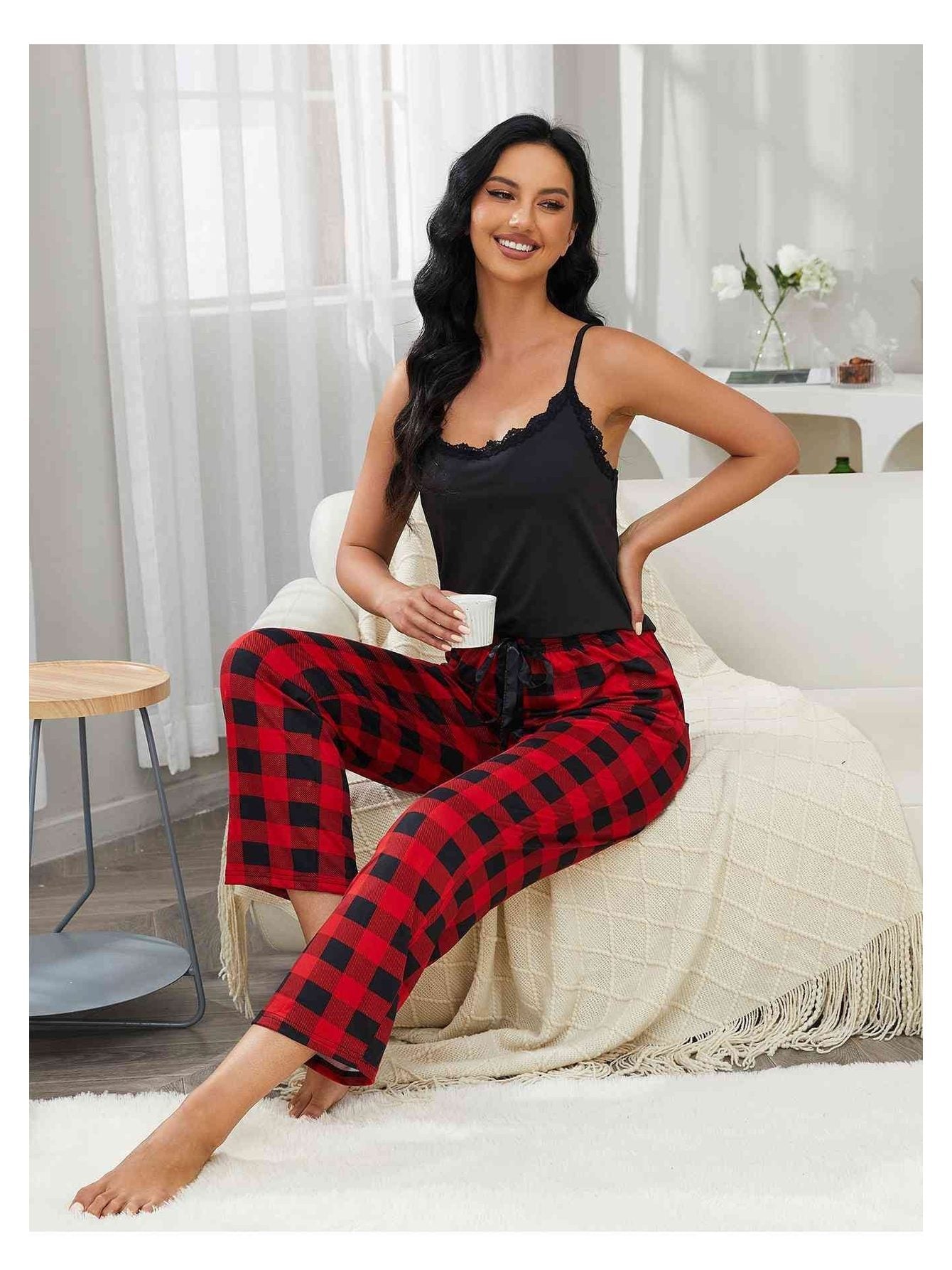 Women Lace Trim Cami and Plaid Pants Lounge Set