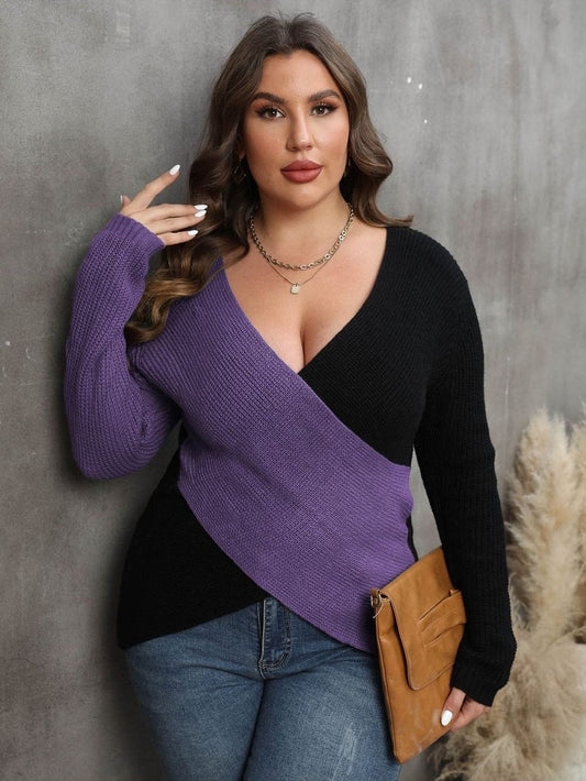 Plus Size Women Two-Tone Surplice Neck Sweater