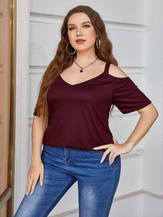 Plus Size Women Wine Colored V-Neck Cold-Shoulder Short Sleeve Blouse