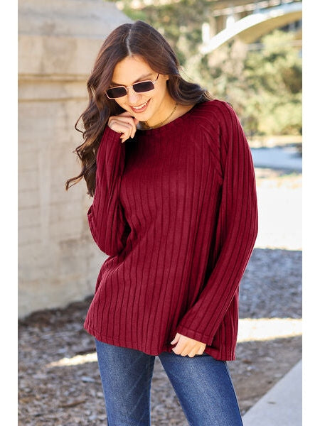 Women Basic Full Size Ribbed Round Neck Long Sleeve Knit Top