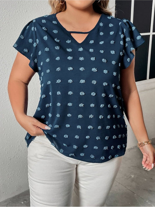 Plus Size Women Swiss Dot Peacock Colored V-Neck Flutter Sleeve Top NicholesGifts