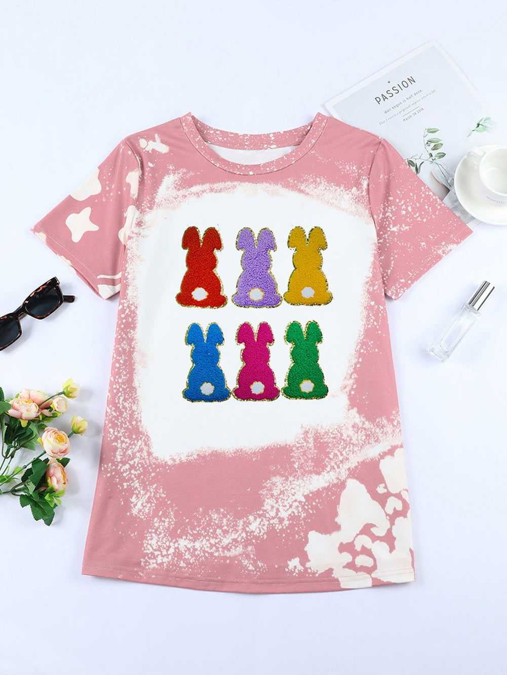 Women Rabbit Round Neck Short Sleeve Tie Dye Easter T-Shirt NicholesGifts
