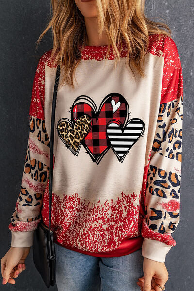 Women Heart Leopard Round Neck Valentine's Day Sweatshirt