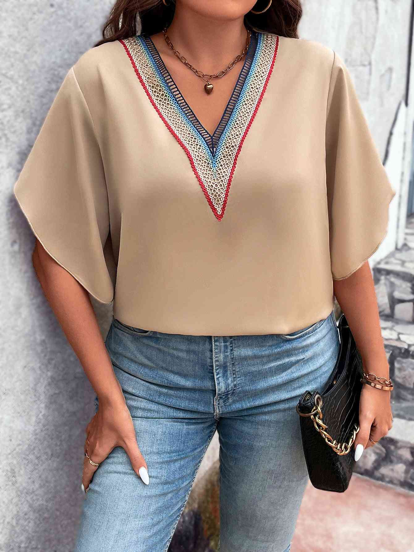 Plus Size Women Tan Colored V-Neck Flutter Sleeve Blouse