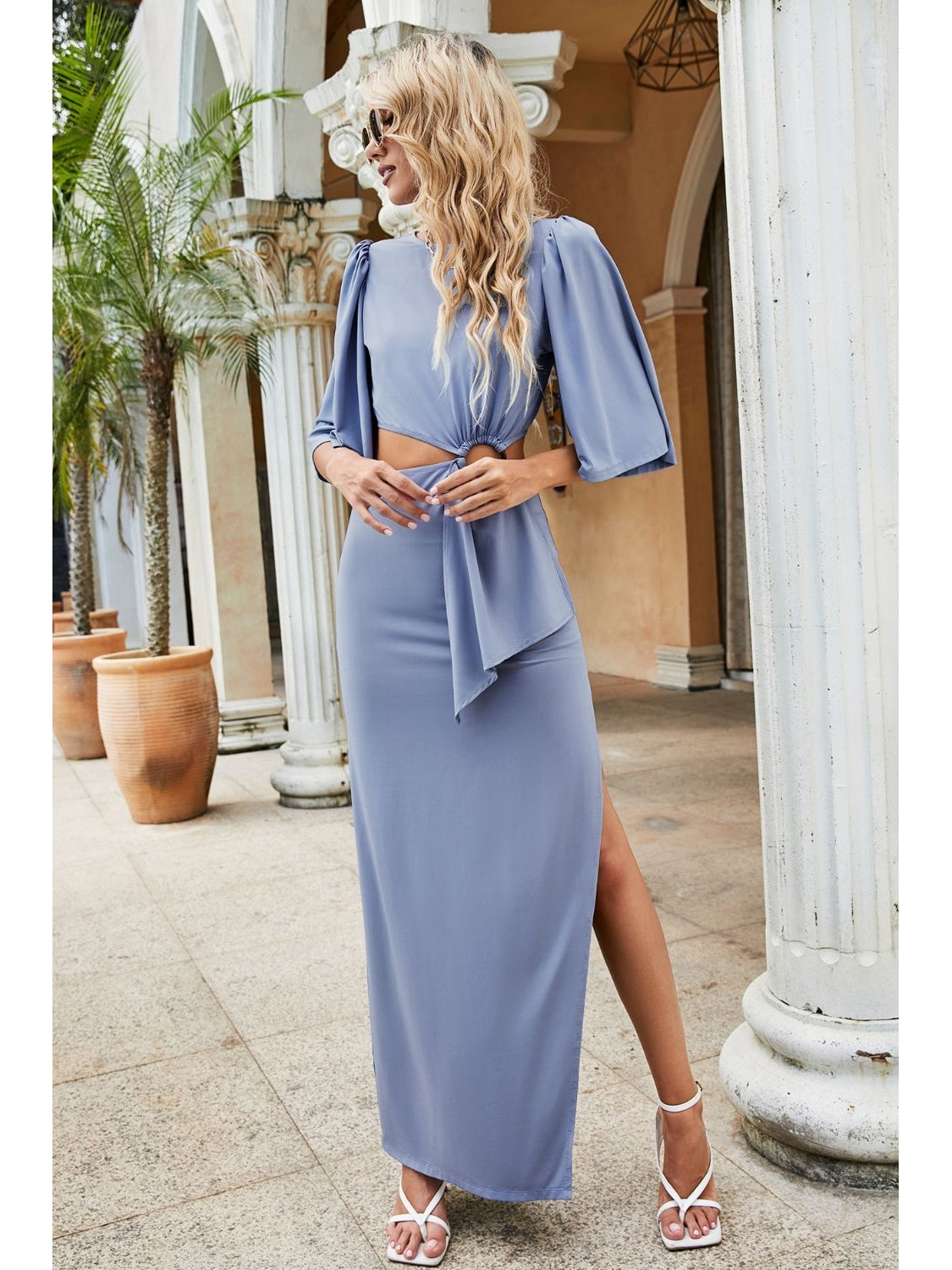 Women Cutout Split Puff Sleeve Maxi Dress NicholesGifts