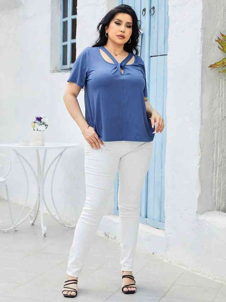 Plus Size Women Cutout Short Sleeve Azure Colored Top NicholesGifts