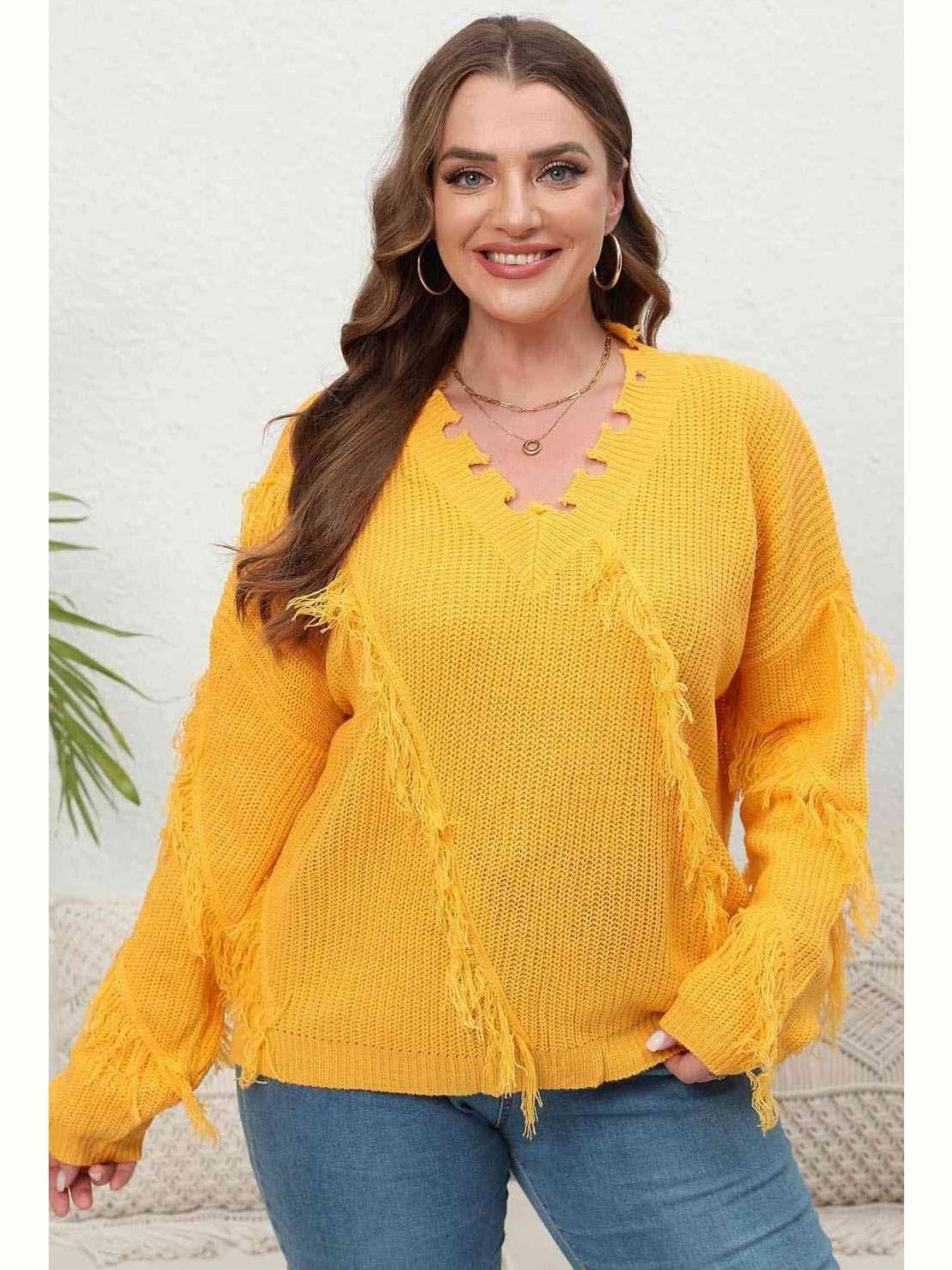 Plus Size Women Fringe V-Neck Long Sleeve Sweater