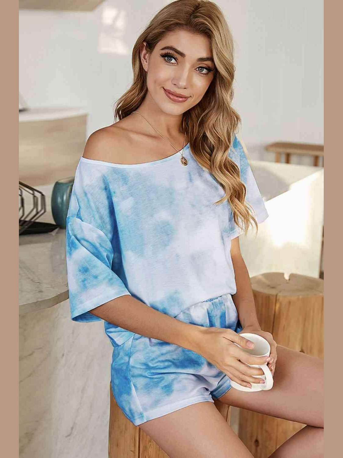 Women Tie-Dye Boat Neck Top and Shorts Lounge Set