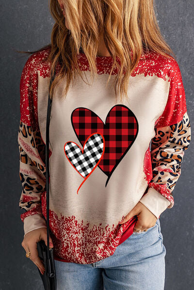 Women Heart Leopard Round Neck Valentine's Day Sweatshirt