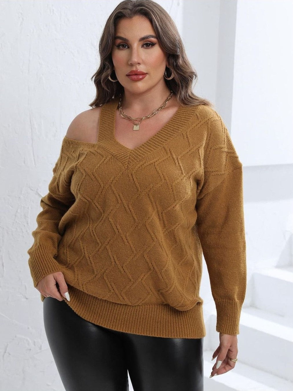 Plus Size Women Cutout V-Neck Sweater NicholesGifts