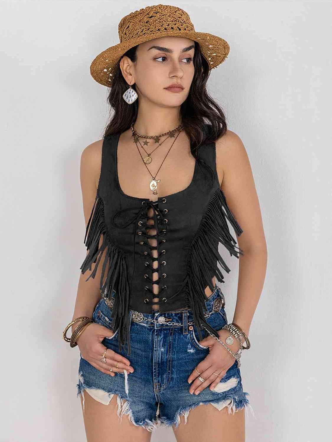 Women Fringe Lace-Up Vest