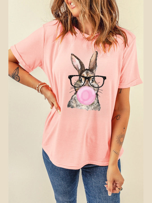 Women Rabbit Round Neck Short Sleeve Pink Easter T-Shirt NicholesGifts