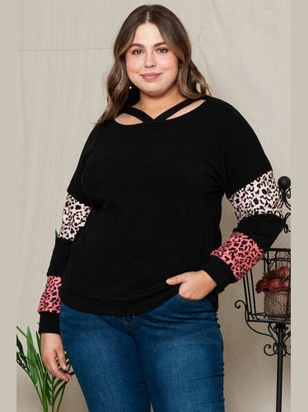 Plus Size Women Leopard Dropped Shoulder Long Sleeve T-Shirt NicholesGifts