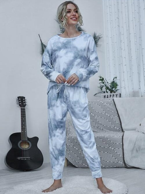 Women Tie-dye Round Neck Top and Drawstring Pants Lounge Set