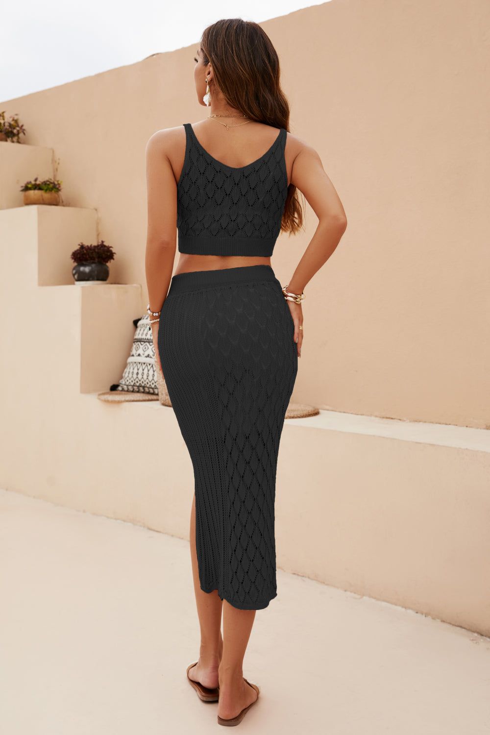 Women Openwork Cropped Tank and Split Skirt Set