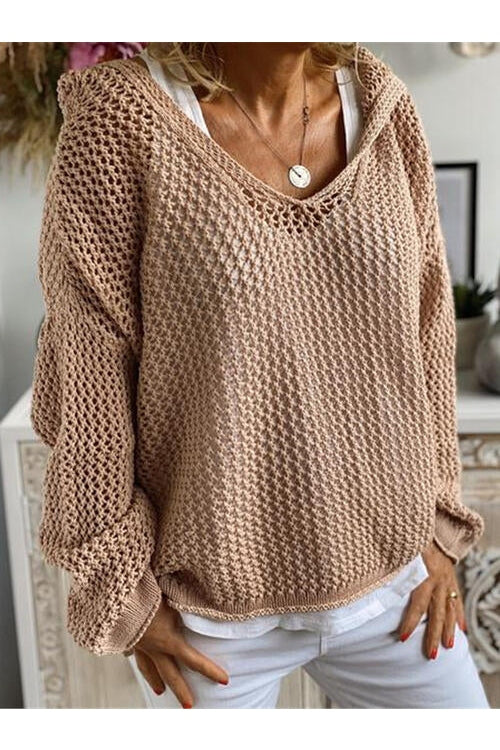 Women Openwork Hooded Long Sleeve Sweater