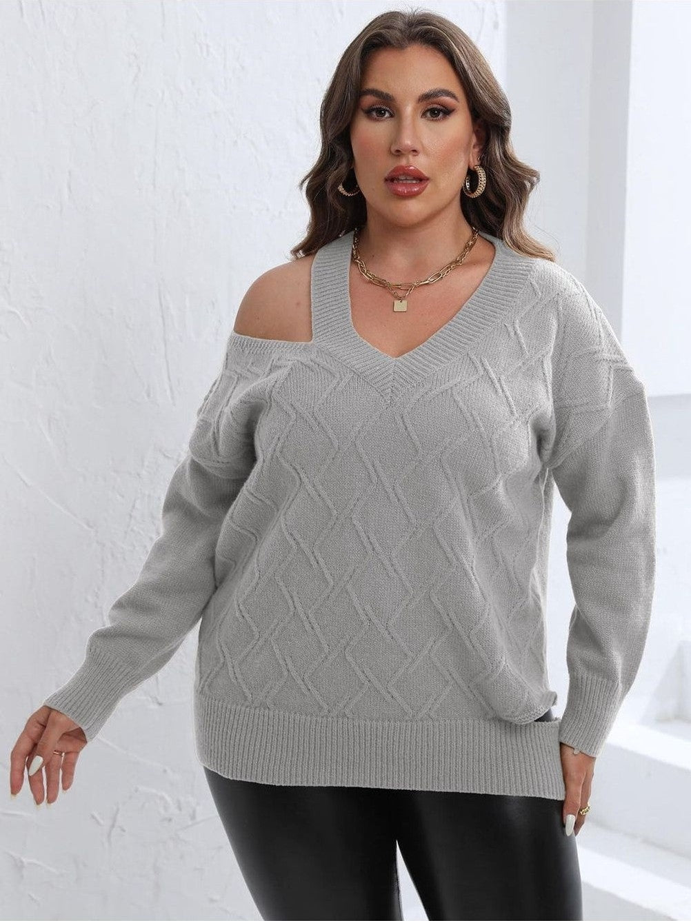 Plus Size Women Cutout V-Neck Sweater NicholesGifts