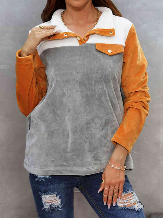 Women Color Block Collared Sweatshirt with Pockets