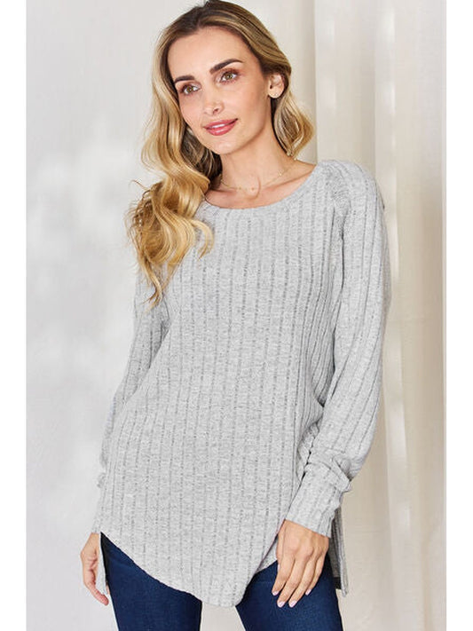 Women Basic Full Size Ribbed Round Neck Slit T-Shirt NicholesGifts