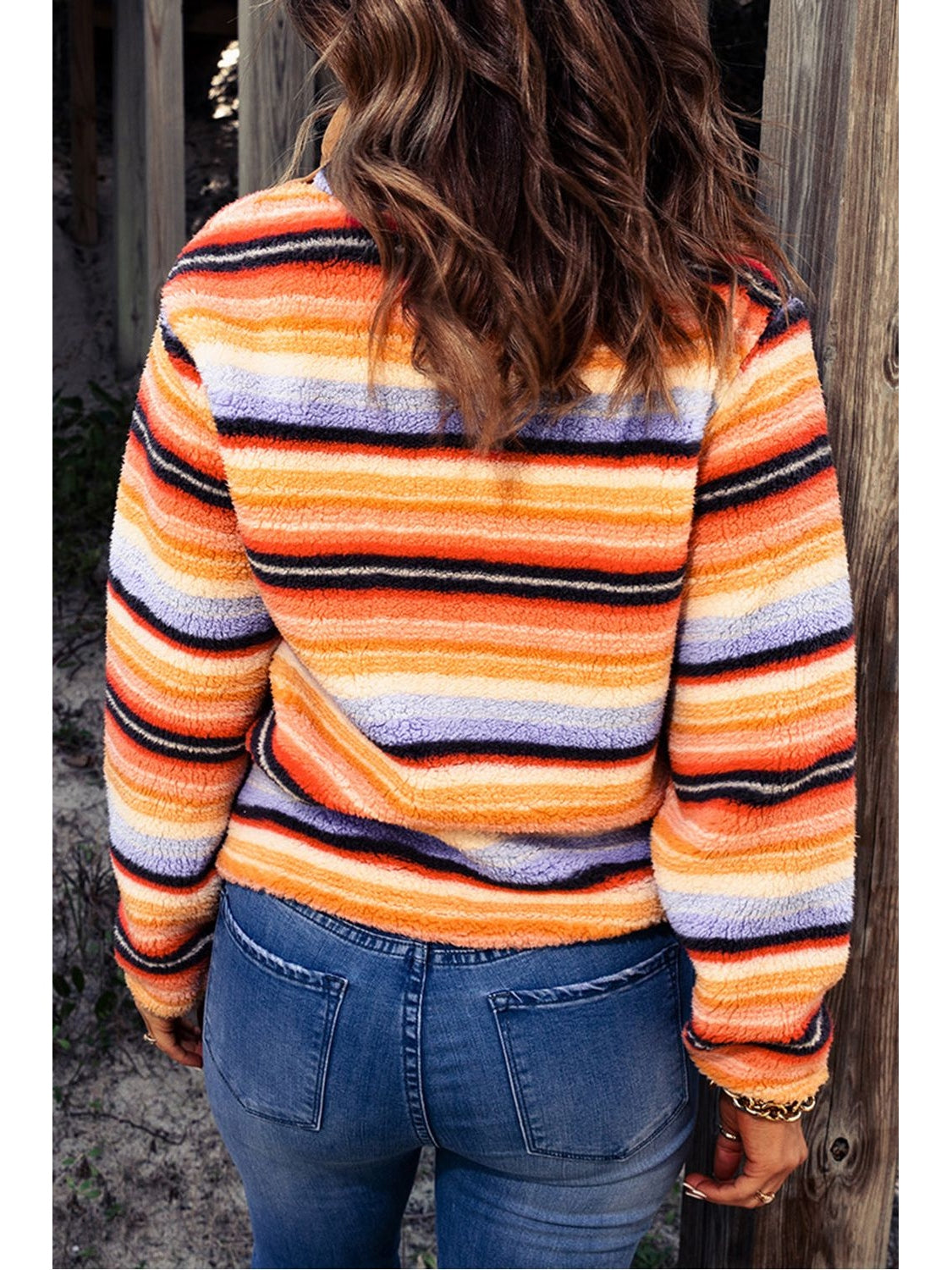 Women Multicolored Stripe Quarter Snap Fleece Sweatshirt