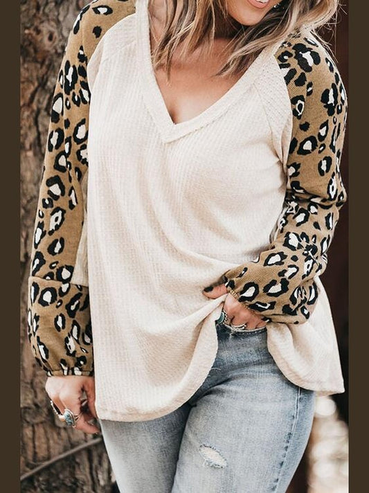 Women Plus Size Long Sleeve Leopard V-Neck Raglan Sleeve Blouse
